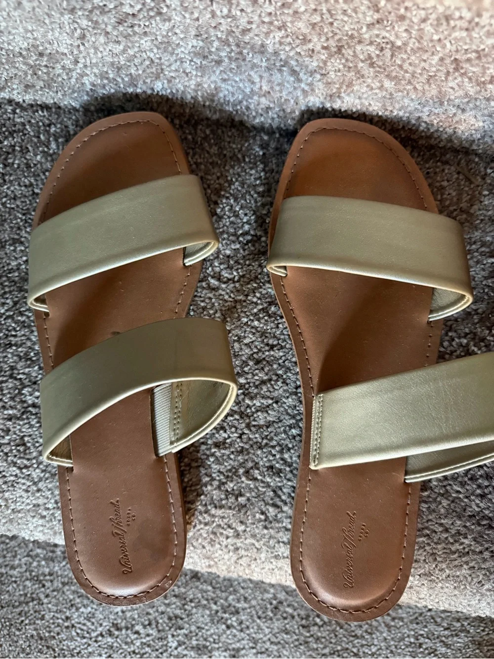Universal Thread Double-Band Slide Sandals in Light Gold and Brown